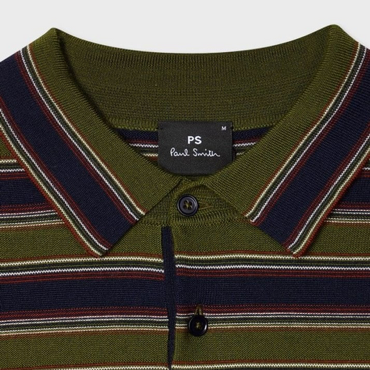 Green and Navy Stripe Merino Polo Shirt - Military Green
