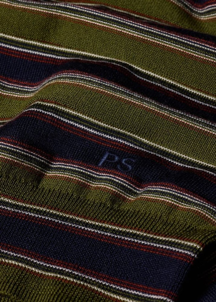 Paul Green and Navy Stripe Merino Polo Shirt - Military Green