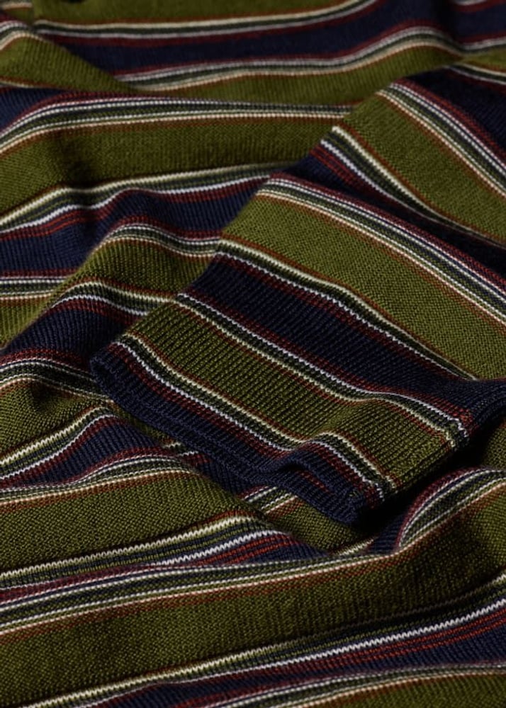 Green and Navy Stripe Merino Polo Shirt - Military Green