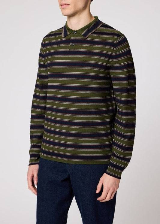 Green and Navy Stripe Merino Polo Shirt - Military Green