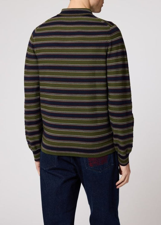 Green and Navy Stripe Merino Polo Shirt - Military Green