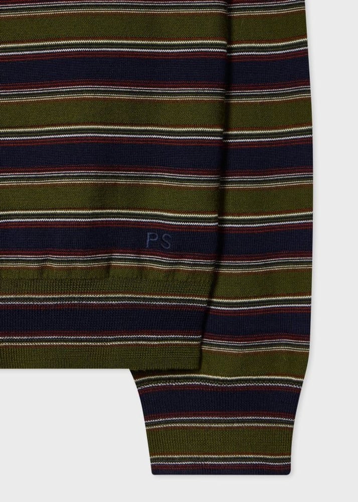 Green and Navy Stripe Merino Polo Shirt - Military Green