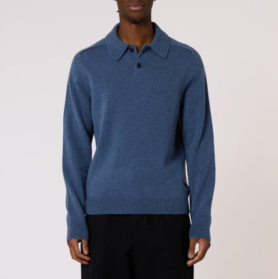 Merino Wool Long-Sleeve Polo Shirt - Mid Blue