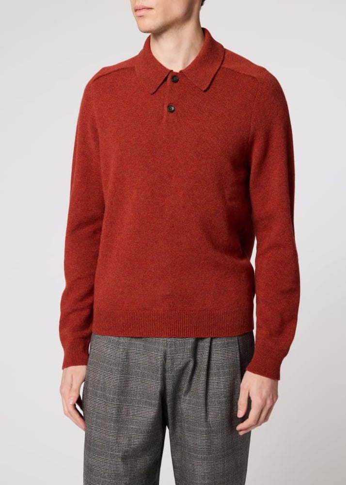 Merino Wool Long-Sleeve Polo Shirt - Red Rust