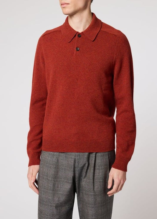 Merino Wool Long-Sleeve Polo Shirt - Red Rust
