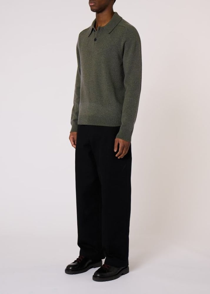 Paul Merino Wool Long-Sleeve Polo Shirt - Khaki Green
