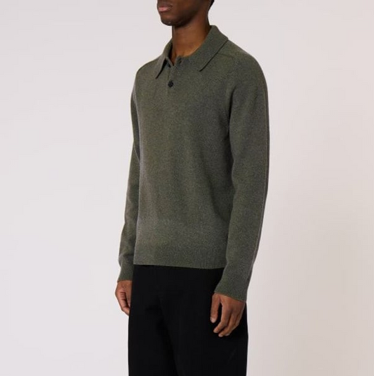 Merino Wool Long-Sleeve Polo Shirt - Khaki Green
