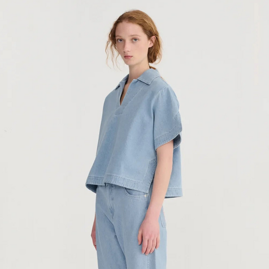 Relaxed Denim Polo Shirt - Light Blue Denim