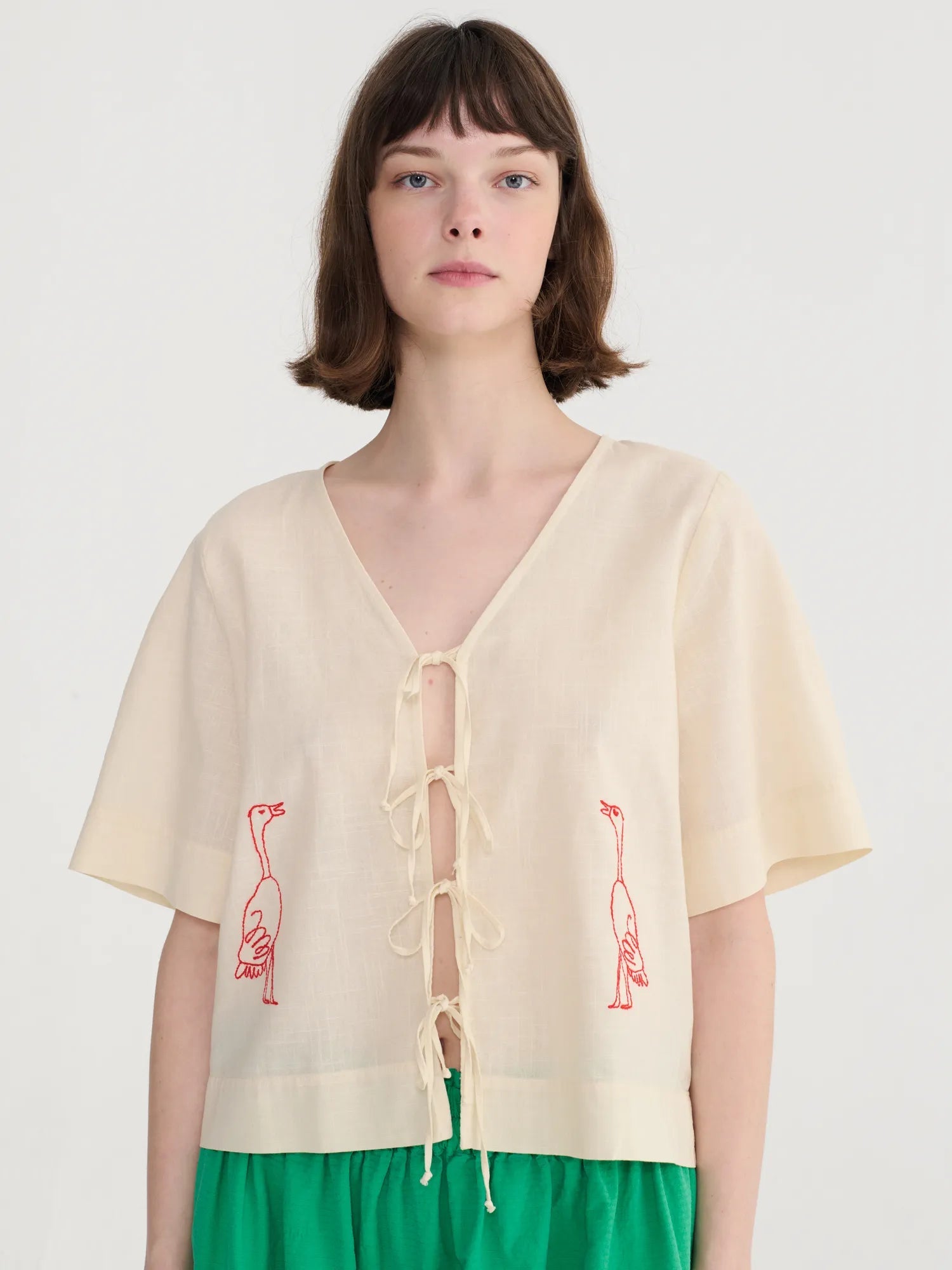 Bobo Embroidery Tied Blouse - Ecru