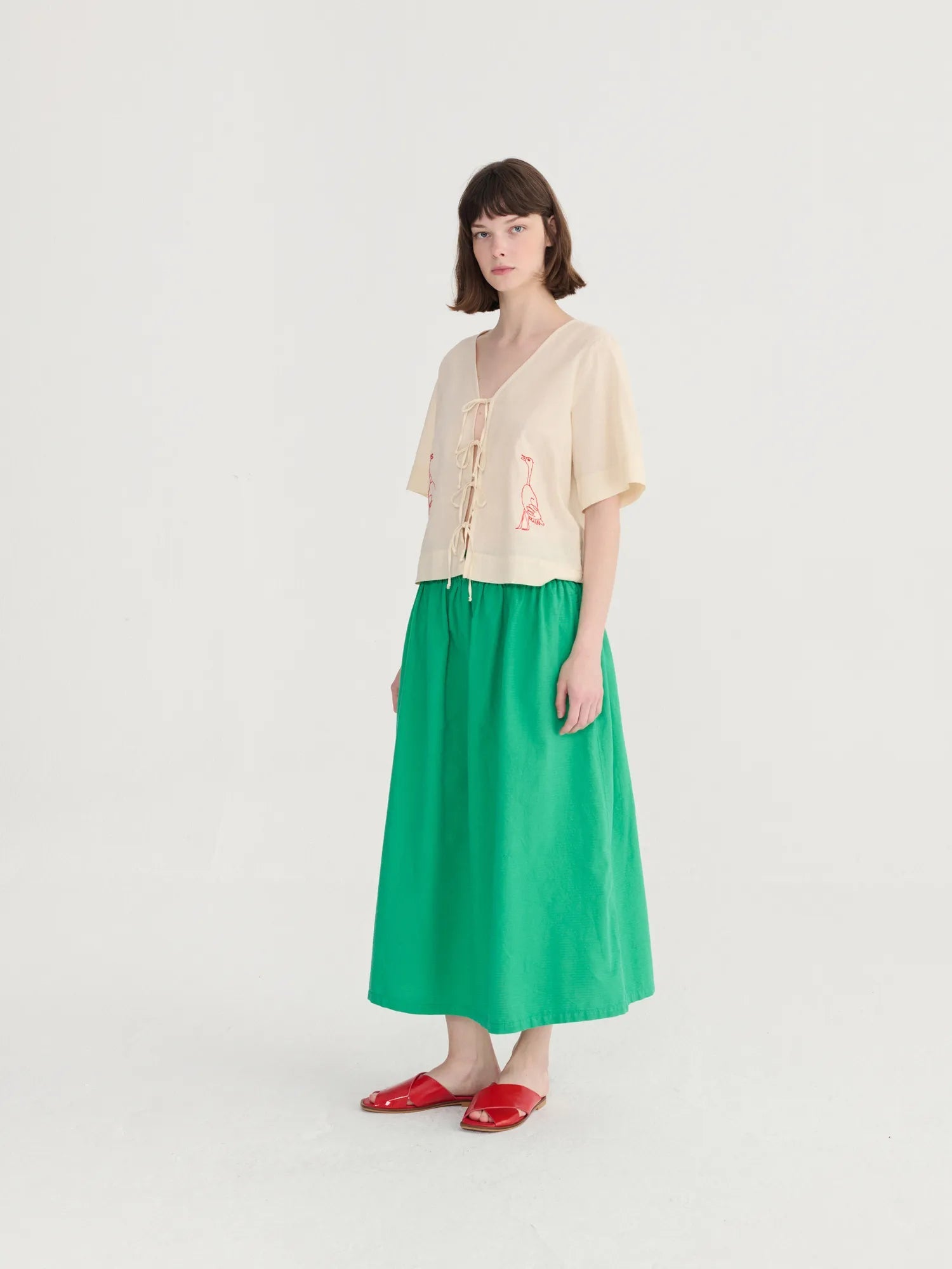 Bobo Embroidery Tied Blouse - Ecru