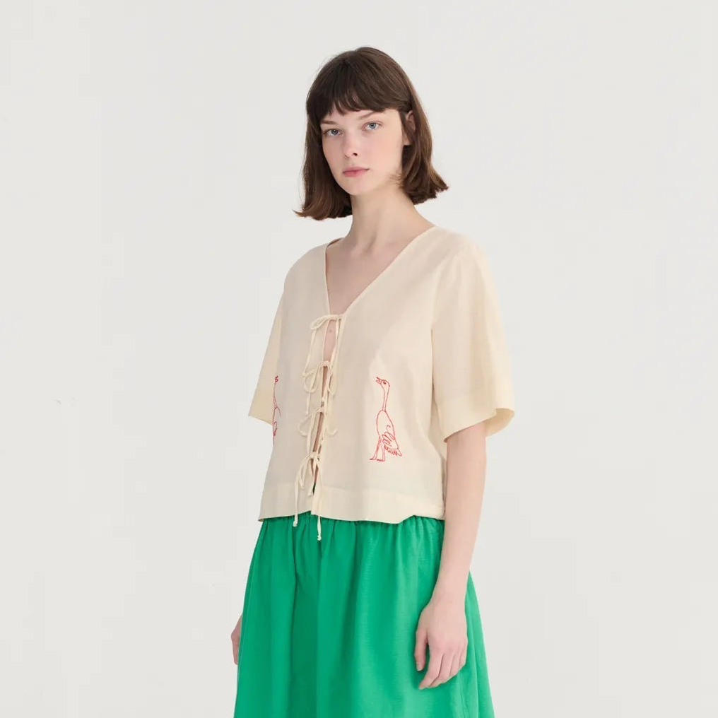 Bobo Embroidery Tied Blouse - Ecru