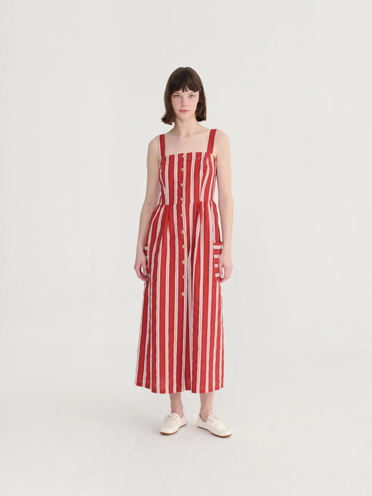 Striped Evasé Strap Dress - Red