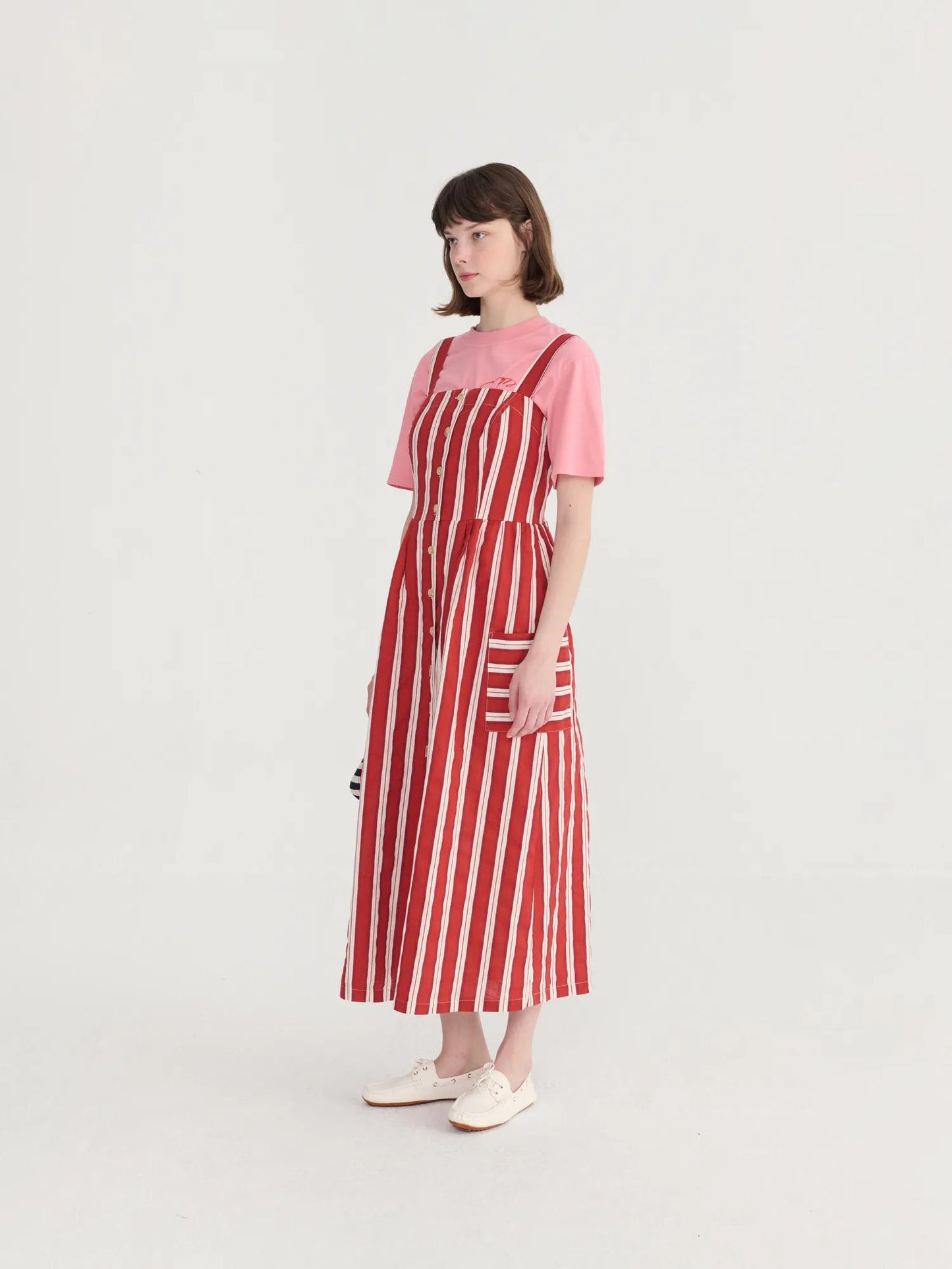 Striped Evasé Strap Dress - Red
