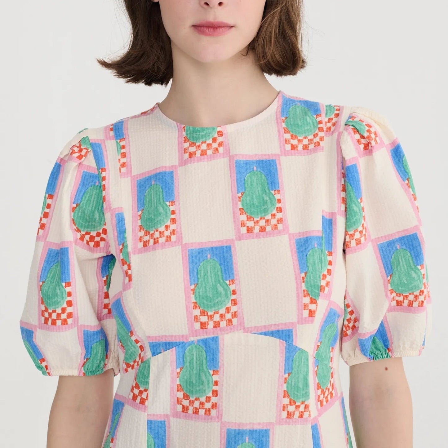 Simple Pear Pattern Puff Sleeve Dress - Multicolour