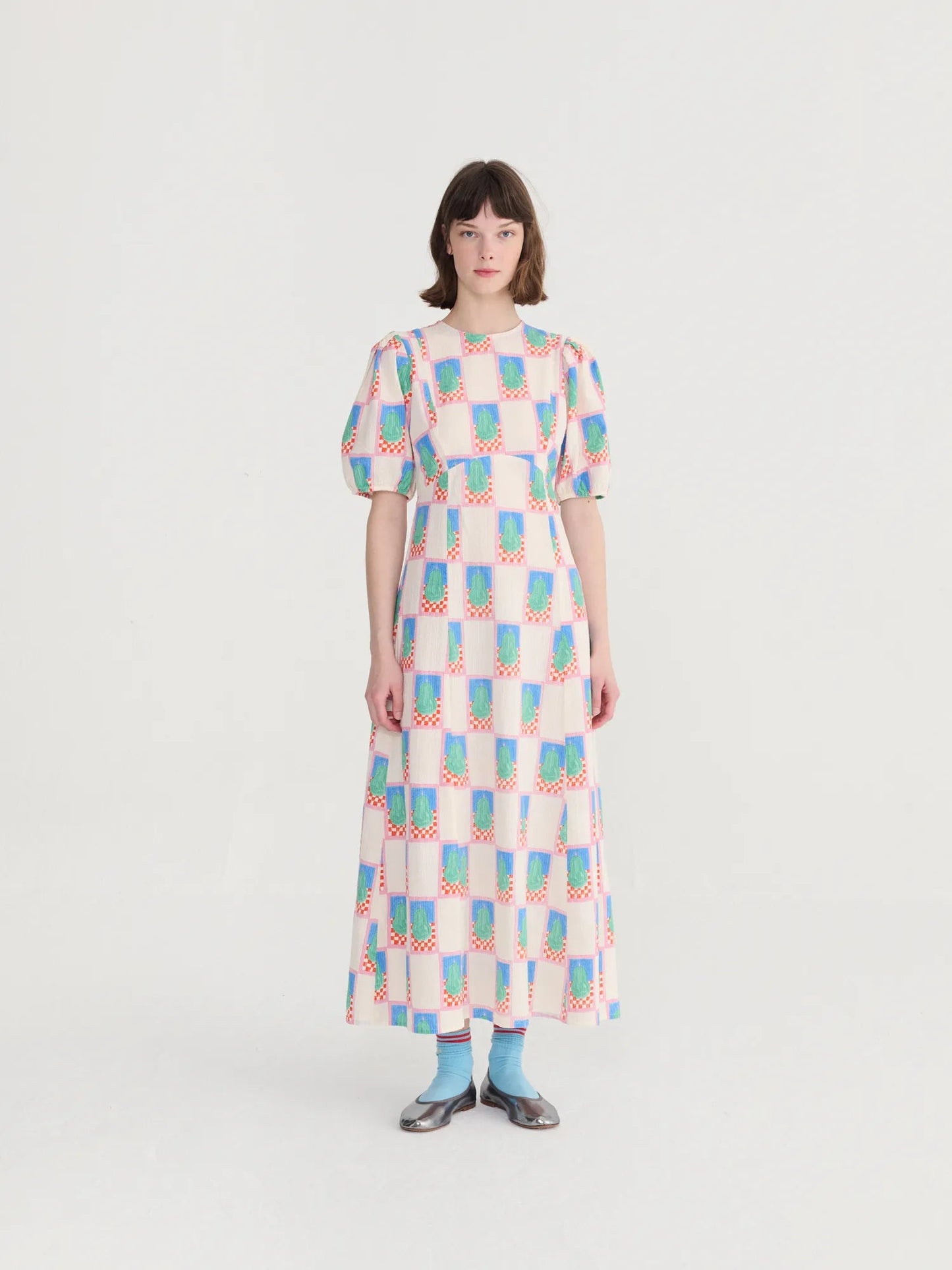 Simple Pear Pattern Puff Sleeve Dress - Multicolour