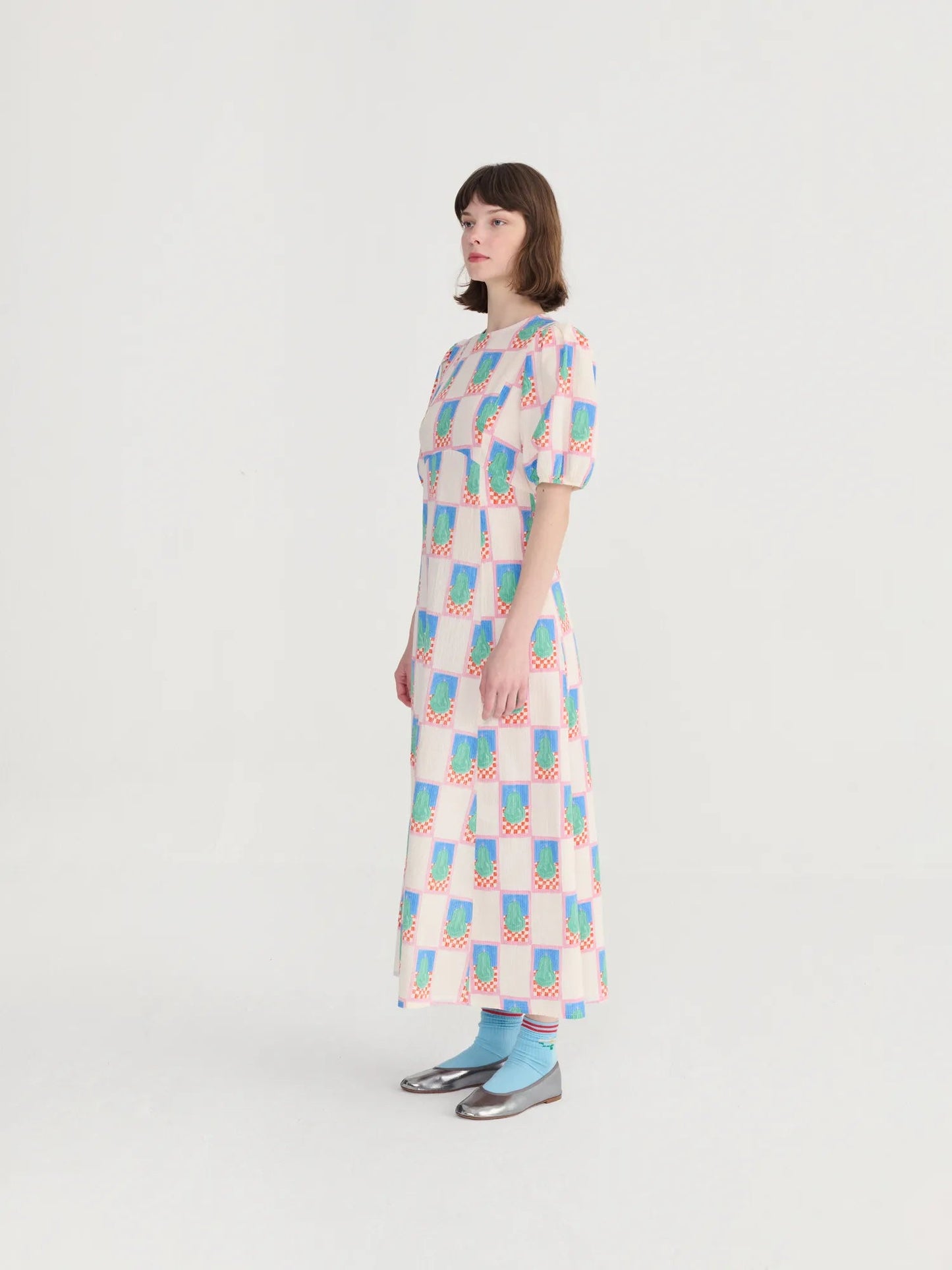 Simple Pear Pattern Puff Sleeve Dress - Multicolour