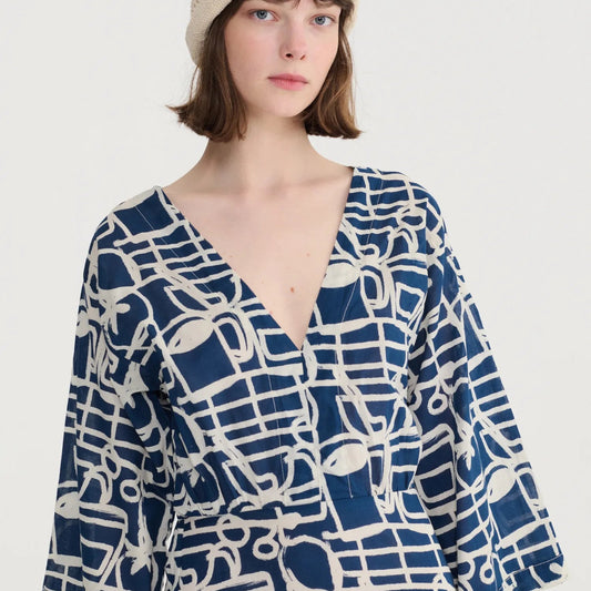 Cookery Festival Pattern V‑Neck Dress - Navy