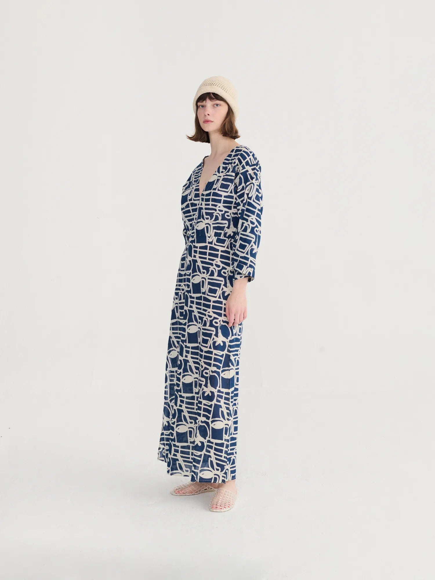 Bobo Cookery Festival Pattern V‑Neck Dress - Navy
