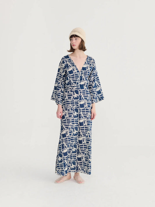 Cookery Festival Pattern V‑Neck Dress - Navy