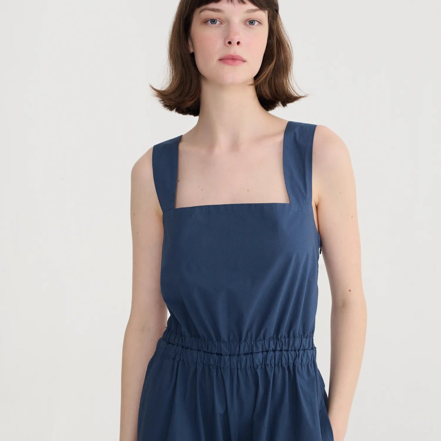 Textured Cotton Strap Overall - Navy