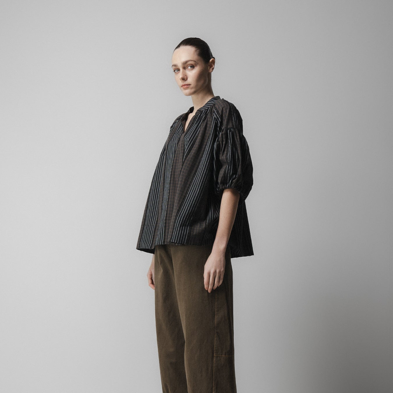 Volume Sleeve Blouse - Brown Check