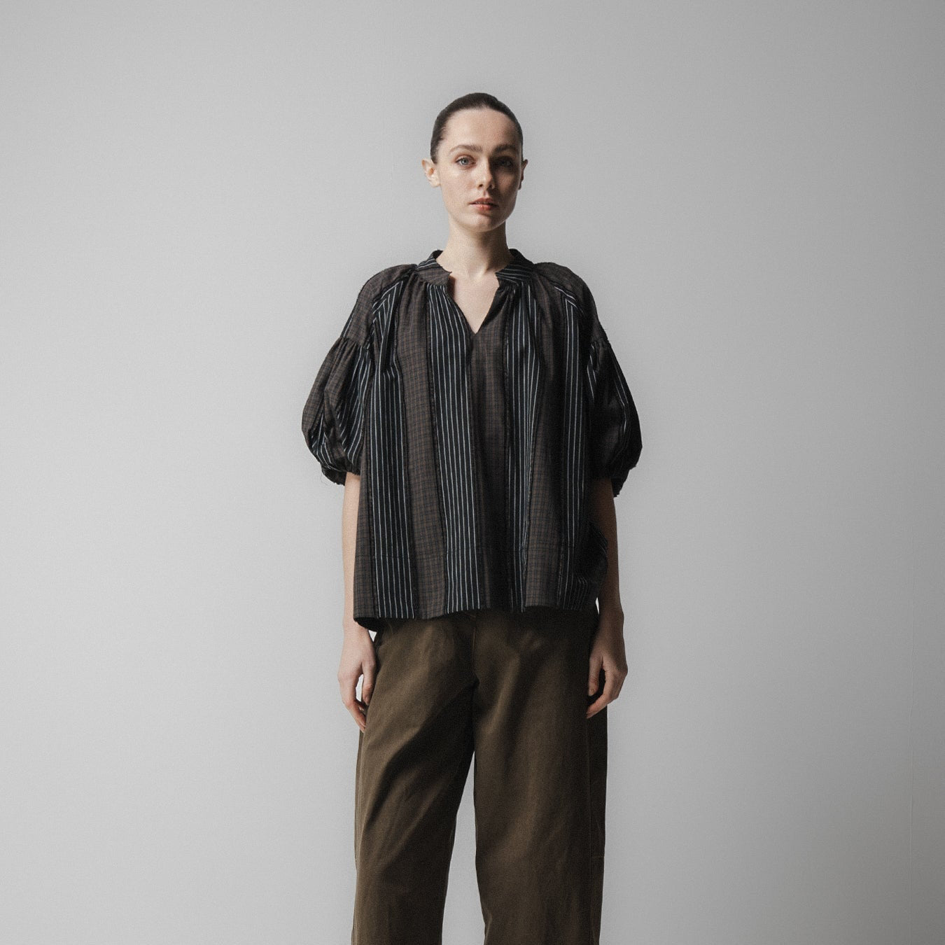 Volume Sleeve Blouse - Brown Check