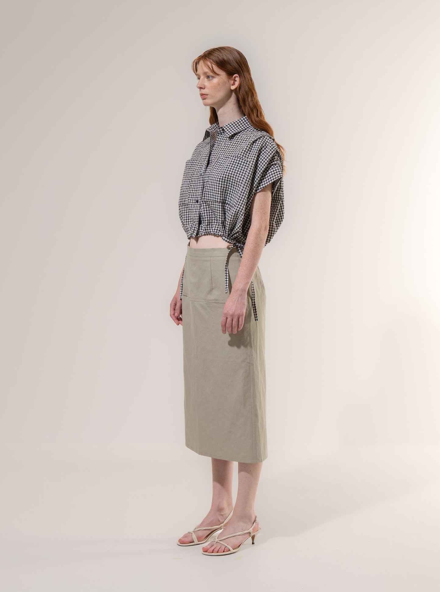 Cropped Pleated Sleeve Blouse - Black Check