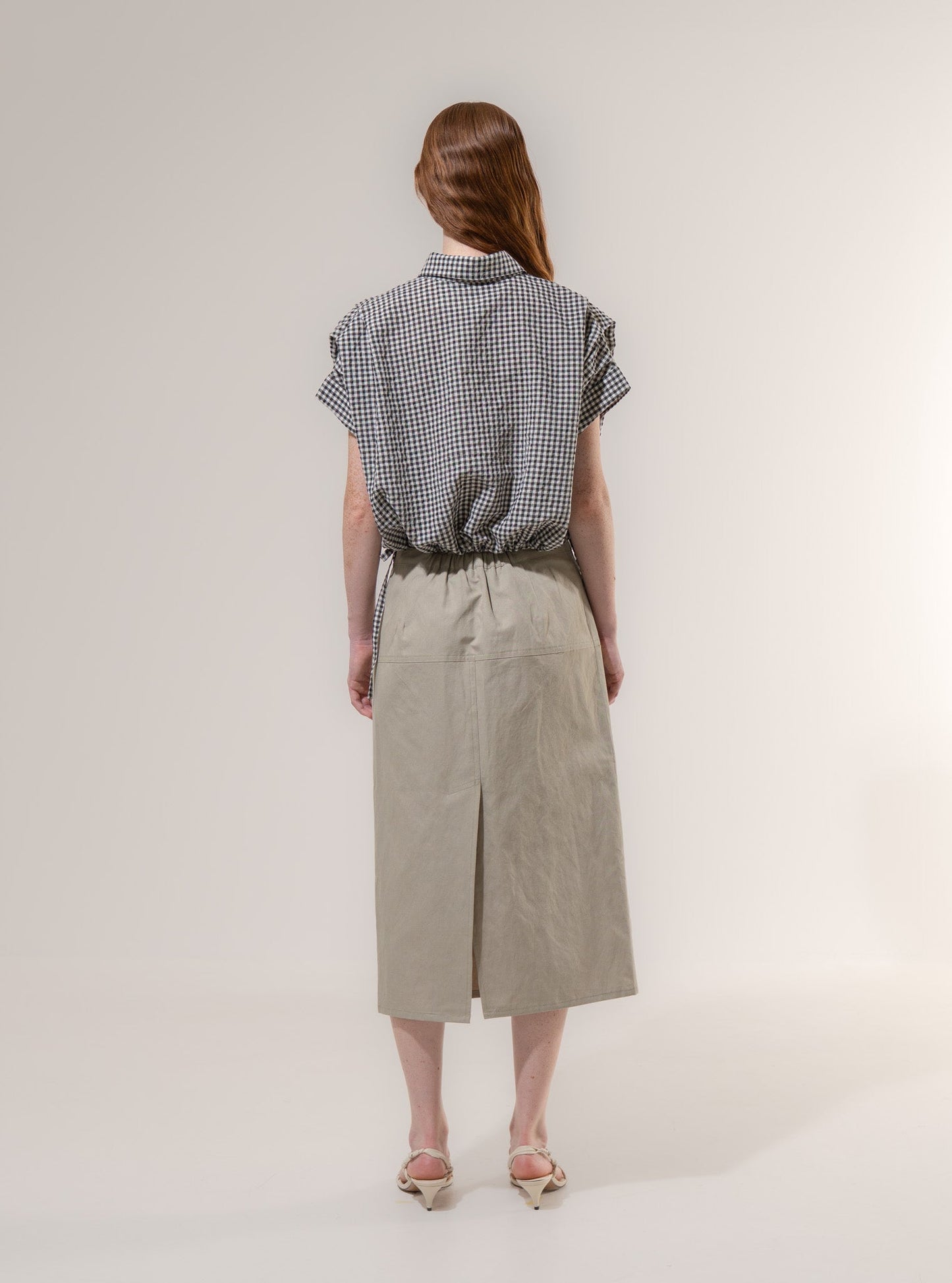 Cropped Pleated Sleeve Blouse - Black Check