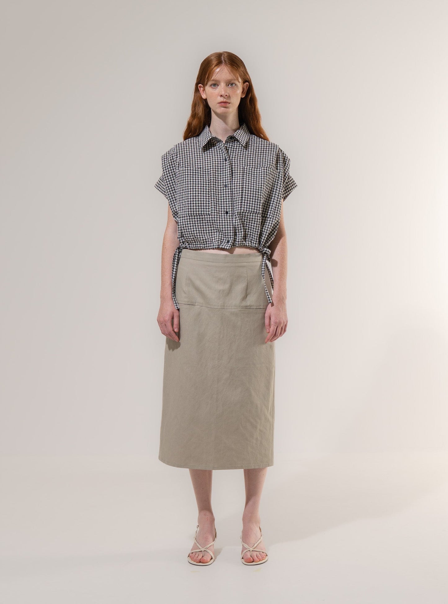 Cropped Pleated Sleeve Blouse - Black Check