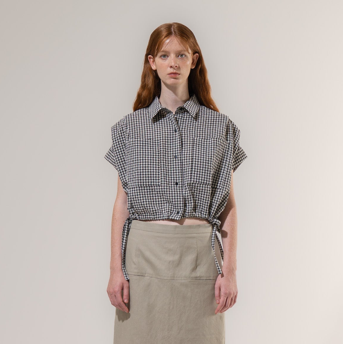 Cropped Pleated Sleeve Blouse - Black Check