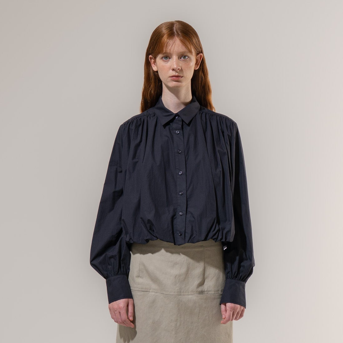 Bubble Hem Long-Sleeve Shirt - Navy