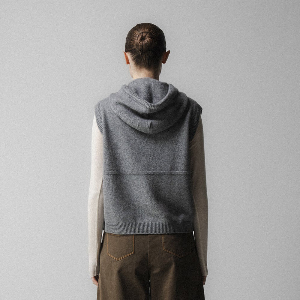 Hooded Zip Up Knit Vest - Charcoal