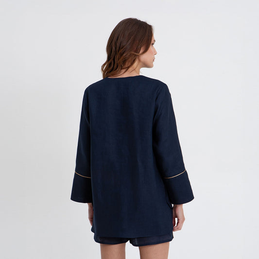 Long Sleeve Pleat Blouse - Navy/Gold