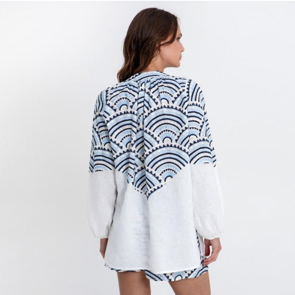 New Triangle Puffy Blouse - White/Blue/Ciel