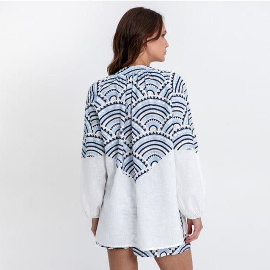 New Triangle Puffy Blouse - White/Blue/Ciel