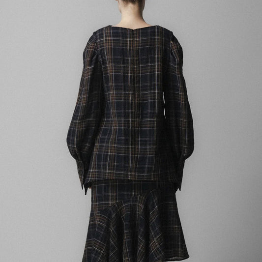 Voluminous Long Sleeve Blouse - Navy Check