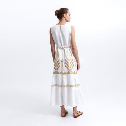 Feather Sleeveless Belted Maxi Dress - White/Gold