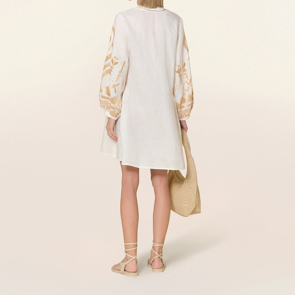 Mini Feather V Neck Long Sleeve Dress - White/Gold