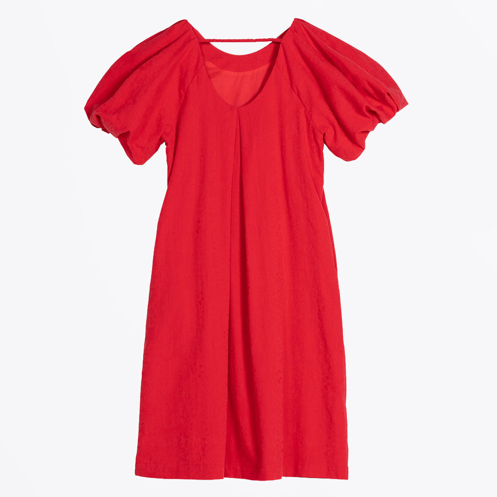 Textured Puff Sleeve Dress - Red