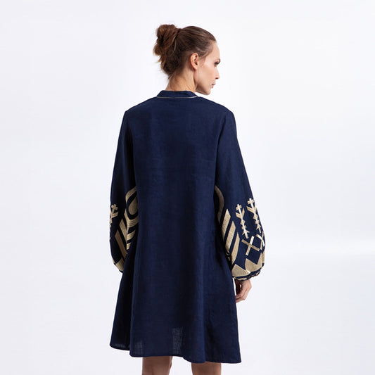Mini Feather V Neck Long Sleeve Dress - Blue Navy/Gold
