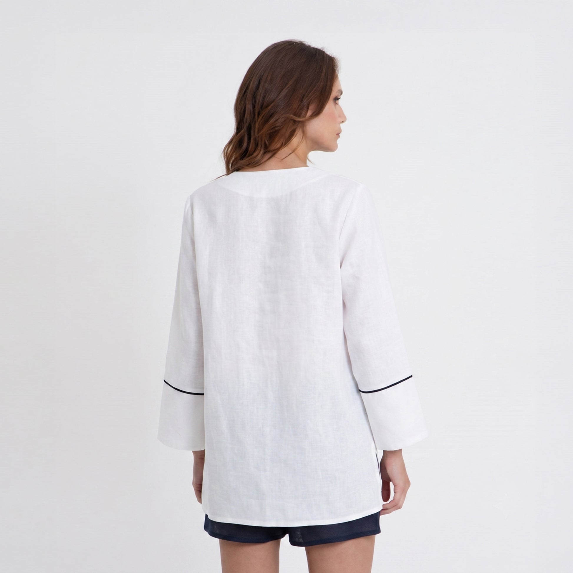 Greek Long Sleeve Pleat Blouse - White/Black