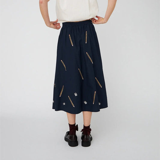 Embroidered Cotton Midi Skirt - Navy