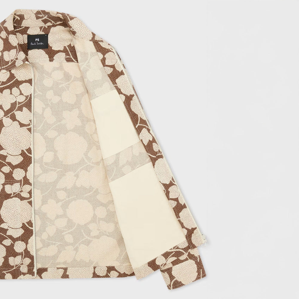 Perforated Floral Cotton Zip Jacket - Brown