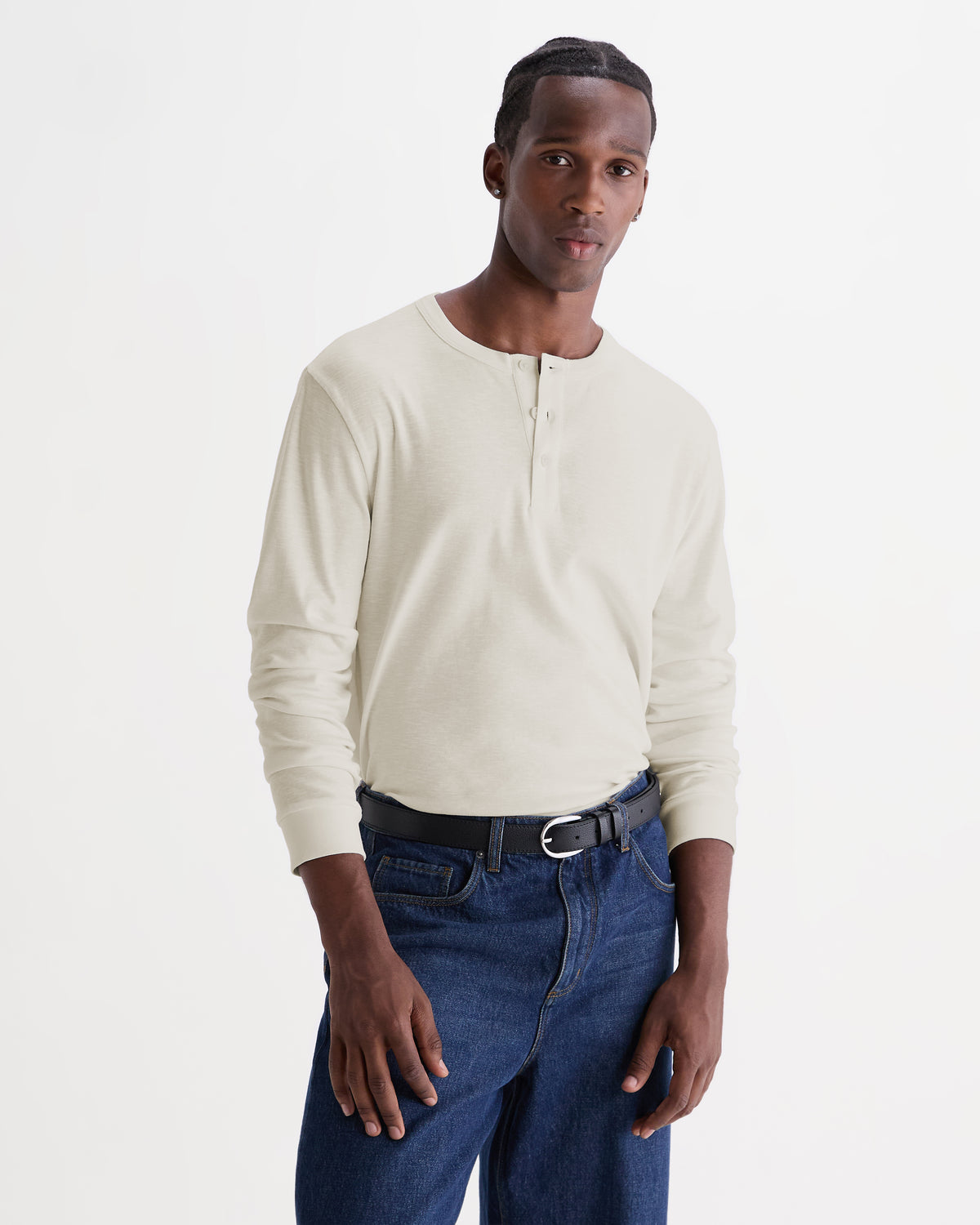 Wax Caleb Henley Long Sleeve Waffle T-Shirt - Ecru
