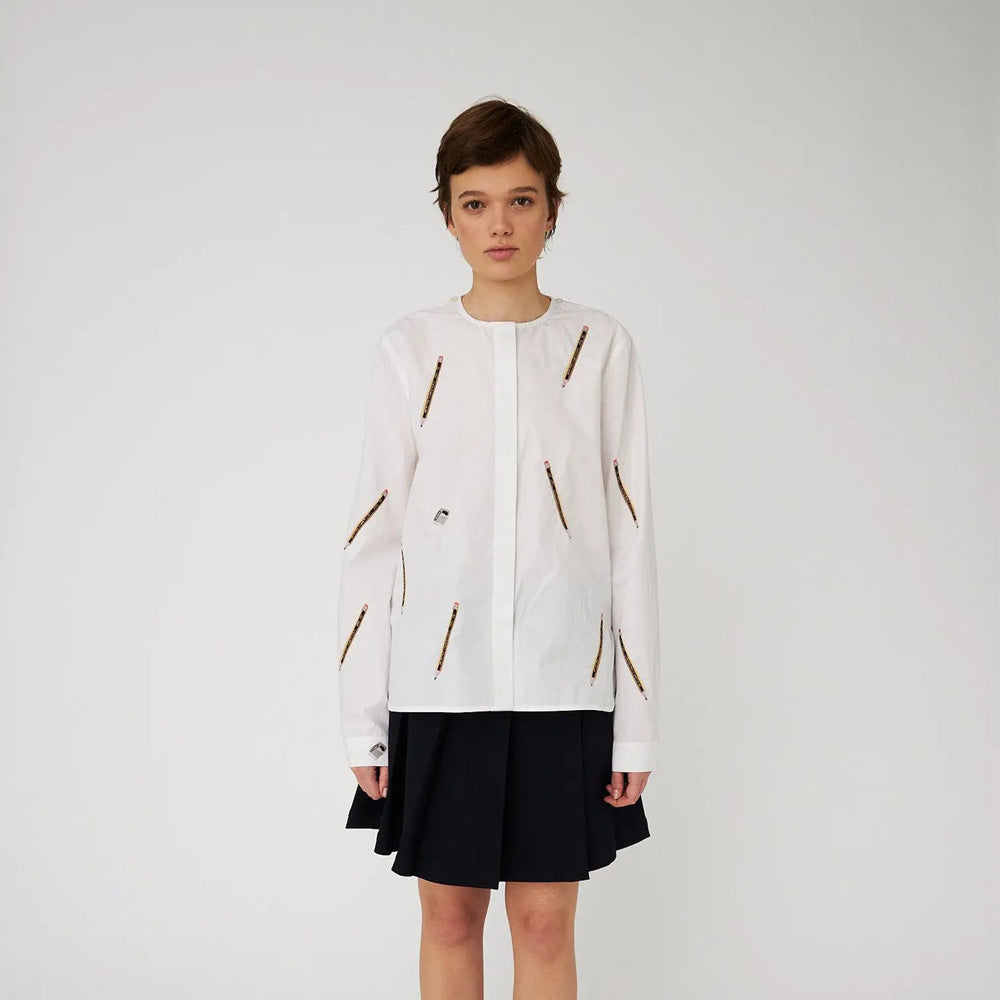 Embroidered Cotton Bow Shirt - White