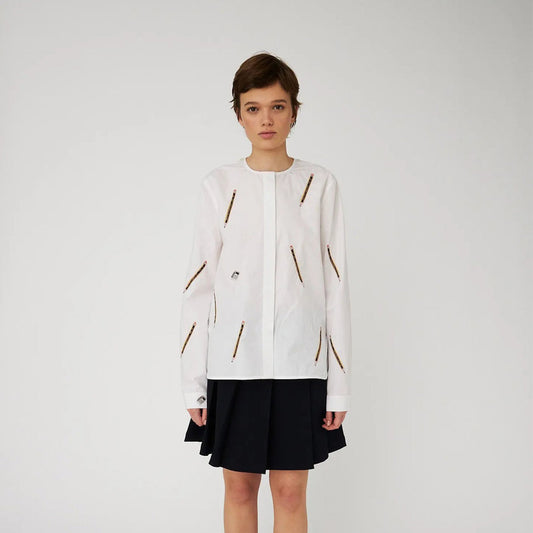 Embroidered Cotton Bow Shirt - White