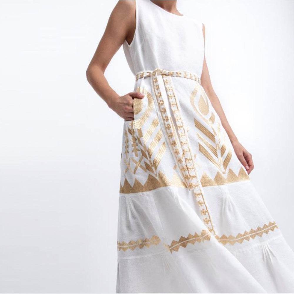 Feather Sleeveless Belted Maxi Dress - White/Gold