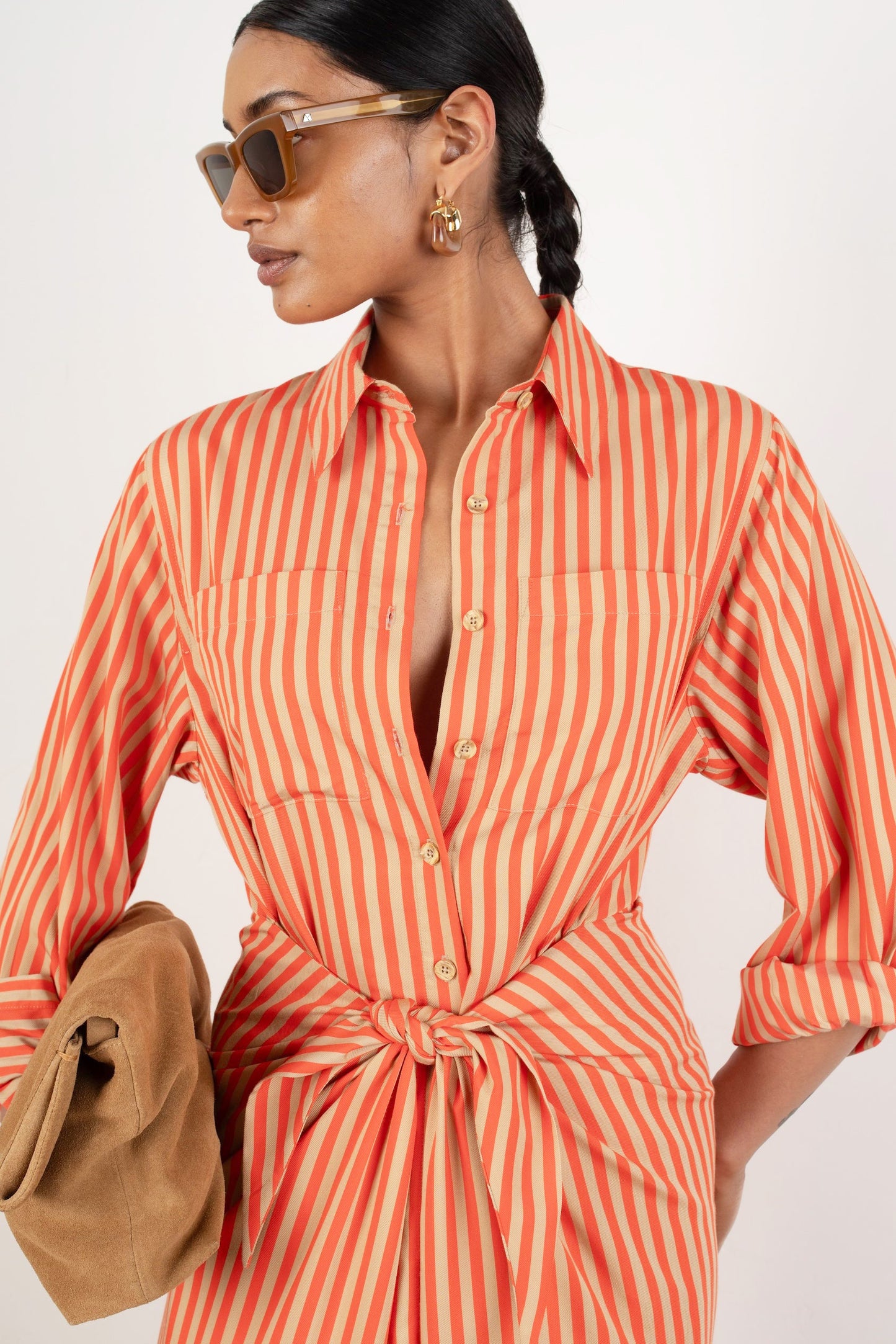Lina Tie Front Shirt Dress - Orange Sand