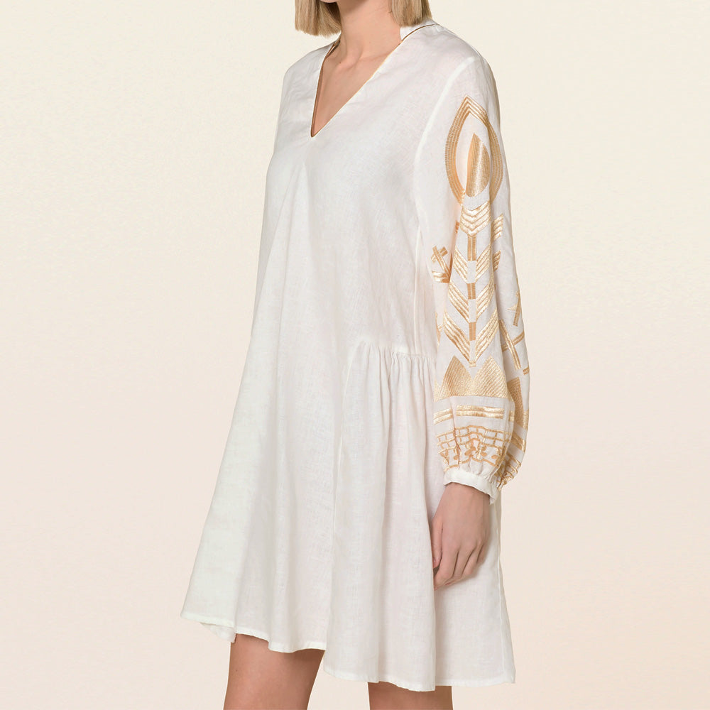 Mini Feather V Neck Long Sleeve Dress - White/Gold