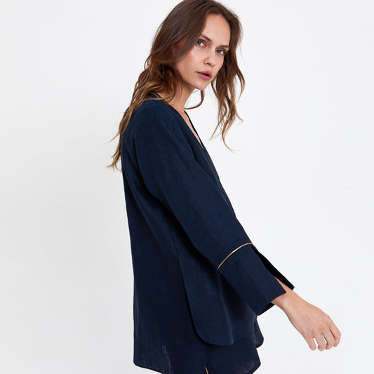 Long Sleeve Pleat Blouse - Navy/Gold
